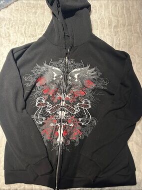 Source Unknown Black Zip-Up Hoodie with Red & Gray Graphic